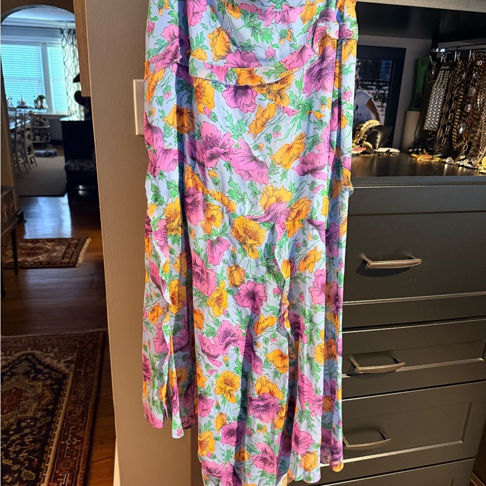 Veronica Beard Lavender Floral Midi Skirt with Pink & Yellow Blooms